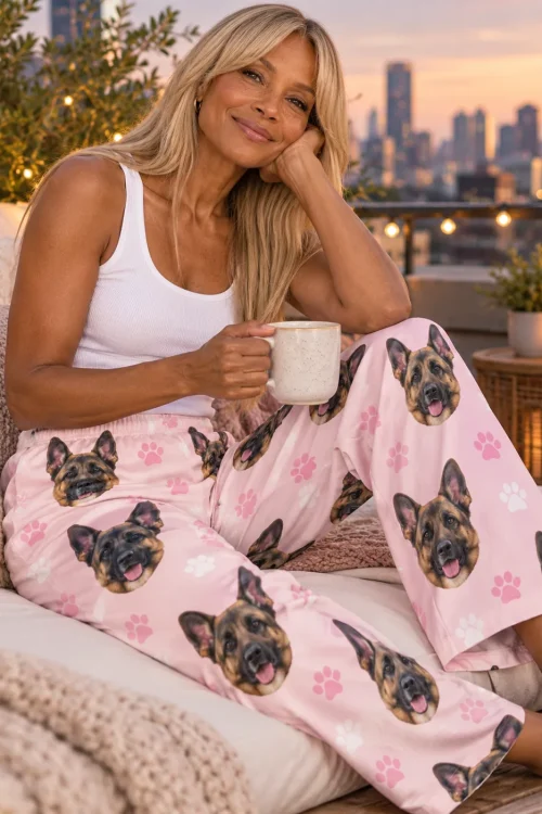 Woman with a coffee mug on a city rooftop at sunset in pink paws german shepherd pajama pants