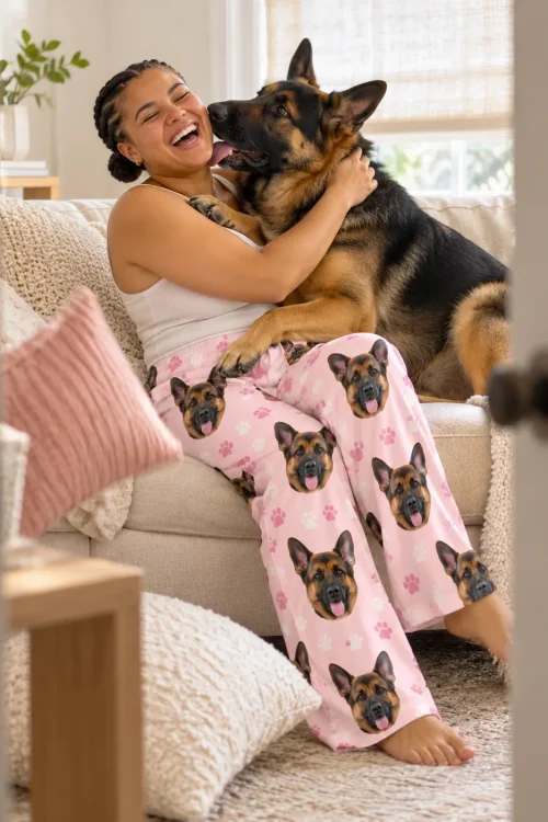 Woman laughing as her black and tan german shepherd licks her cheek, pink paws german shepherd pajama pants