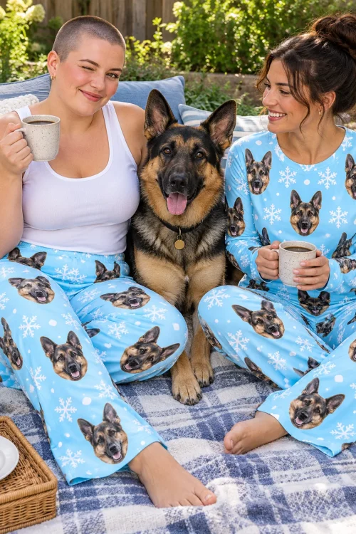 Two friends with coffee on a picnic blanket beside a german shepherd, wearing snowflake pajama sets