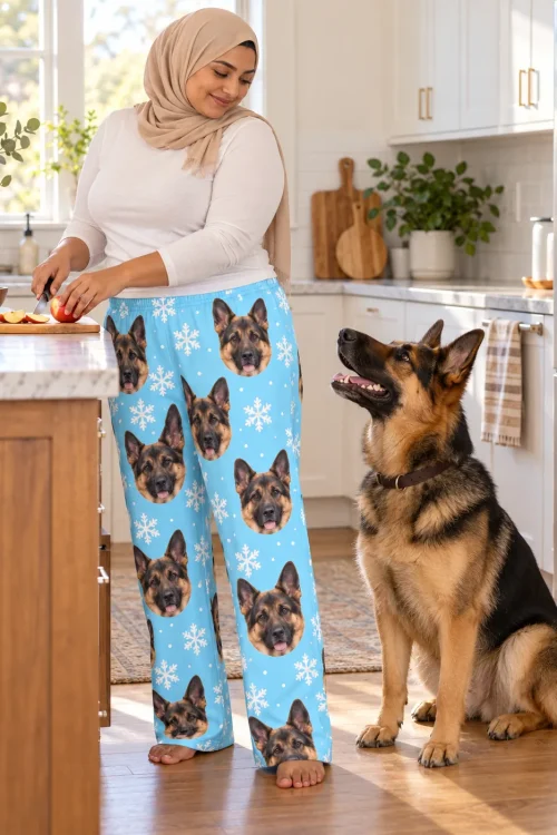 Woman slicing an apple in a sunny kitchen while a german shepherd watches, in snowflake pajama pants