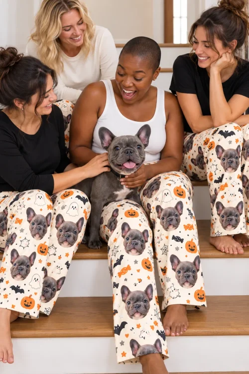 Friends on a staircase petting a French bulldog, wearing cream Halloween pajama pants with its face