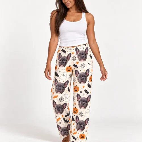 Women's Cream Halloween Pajama Pants with Your Pet's Face