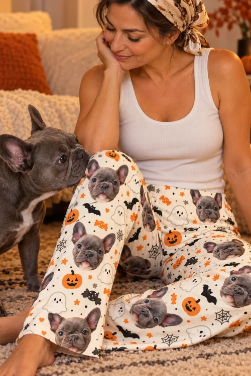Woman on a rug as her French bulldog nuzzles her knee, in cream Halloween pajama pants with its face