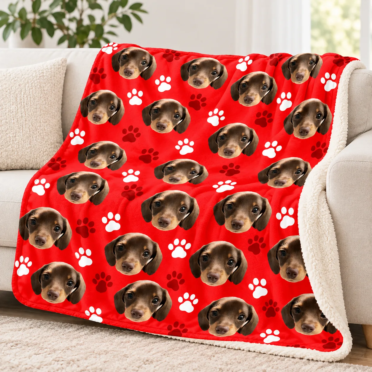 Red sherpa photo blanket printed with dachshund dog faces and paw prints, draped over a sofa
