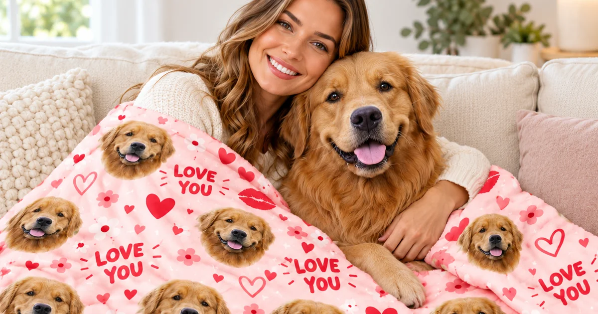 Woman and her golden retriever under a pink minky blanket printed with the dog's face