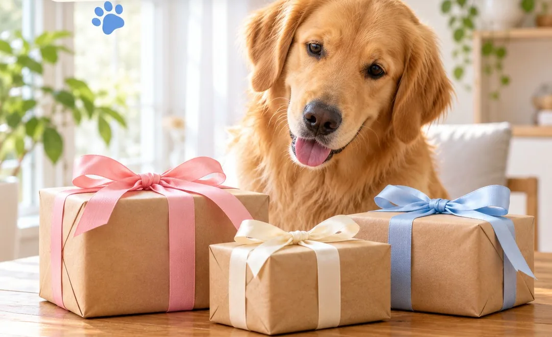 Golden retriever sitting behind three wrapped gifts with pink and blue ribbons, gifts for dog owners