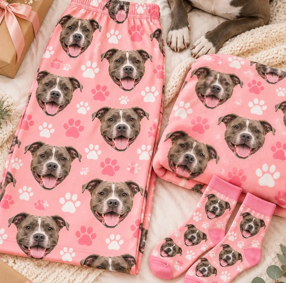 Pink pajama pants and socks printed with pit bull faces and paw prints, gifts for dog owners