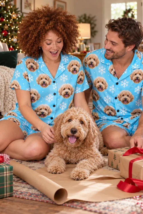 Couple wrapping gifts by the Christmas tree in snowflake doodle pajama sets, their doodle on the paper