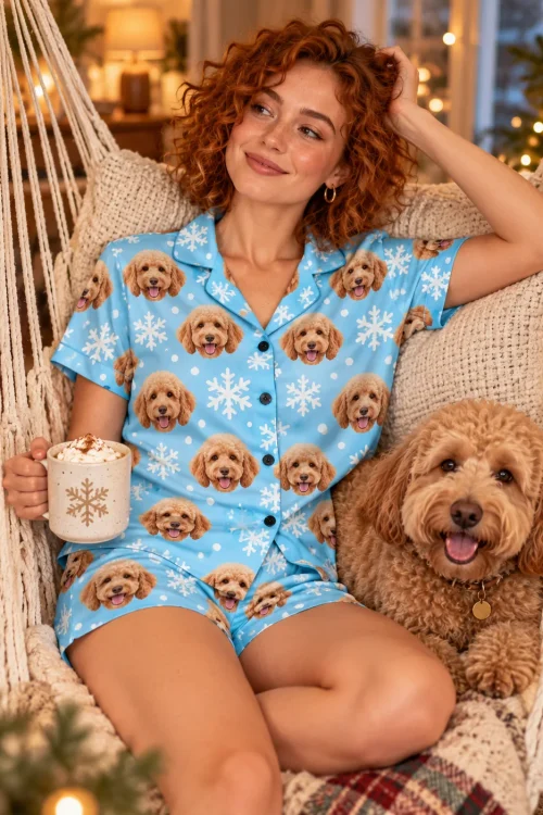Woman in a hammock chair with a mug and her doodle, wearing a snowflake golden doodle pajama set
