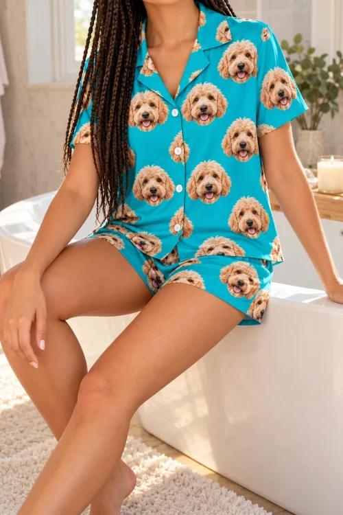 Woman with long braids perched on a bathtub edge in a teal golden doodle pajama set