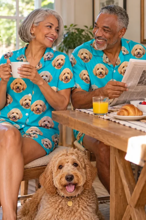Couple at a sunny breakfast table in teal doodle pajama sets, their goldendoodle sitting at her feet
