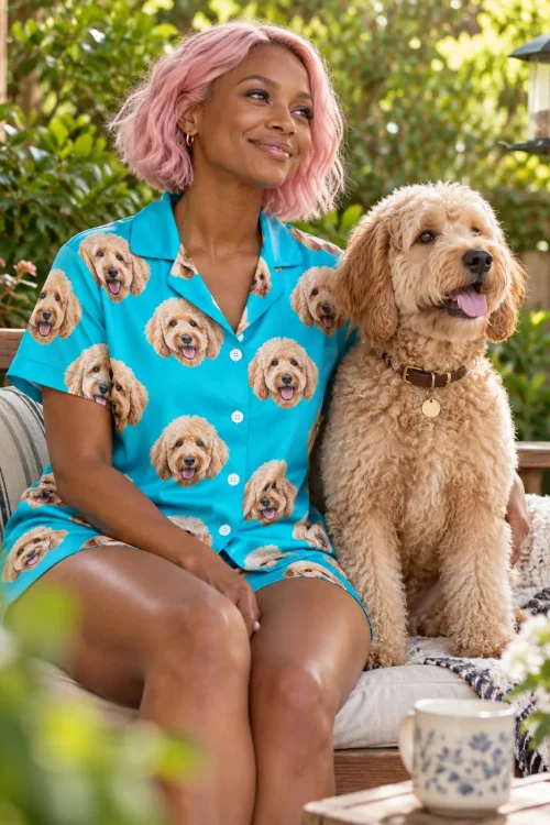 Pink-haired woman on a garden bench beside her goldendoodle in a teal doodle pajama set