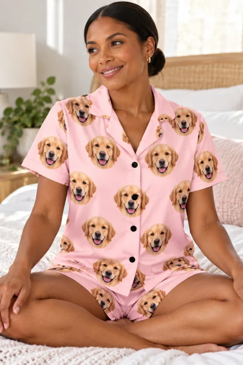 Woman sitting cross-legged on a bed in a blush pink golden retriever pajama set covered in golden faces