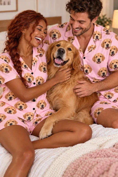 Couple on a bed hugging their golden retriever in matching blush pink golden retriever pajama sets
