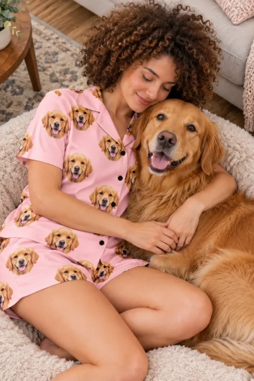 Woman cuddling her golden retriever in a round dog bed, wearing a blush pink golden pajama set
