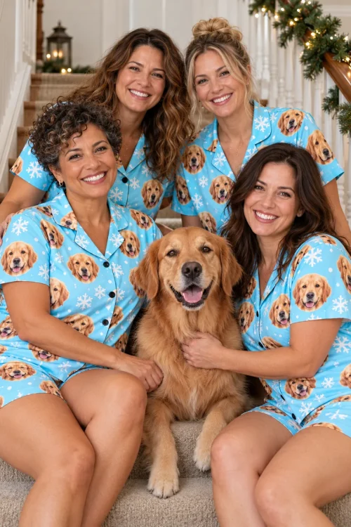 Four women on carpeted stairs in snowflake golden retriever pajama sets with their golden in the middle