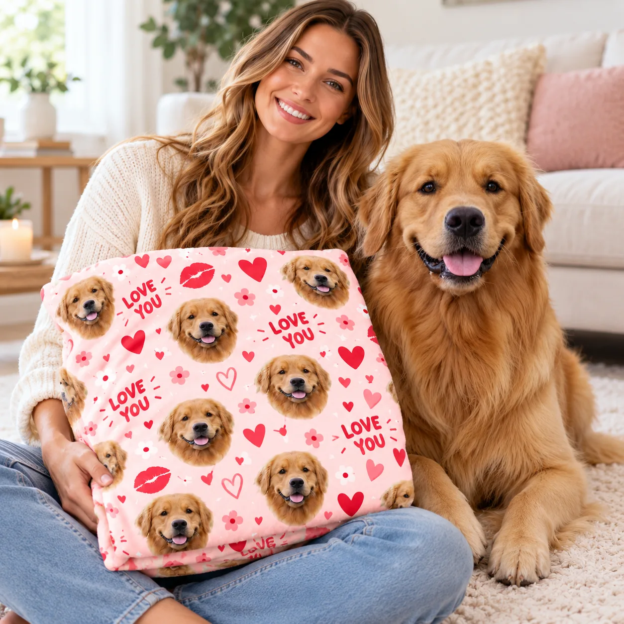 Woman holding a pink Love You blanket printed with golden retriever faces next to her golden retriever