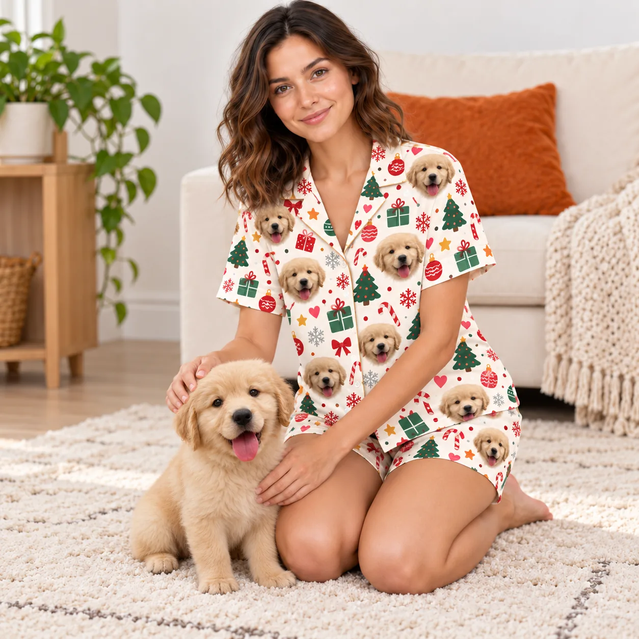 Woman kneeling with a golden puppy in a cream Christmas pajama set printed with its face