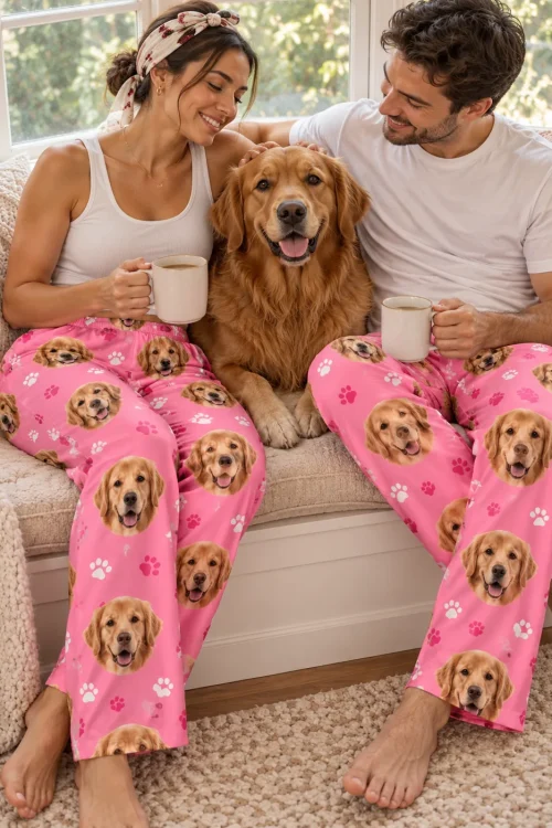 Couple with coffee on a window seat in pink paws golden retriever pajama pants, their golden between them