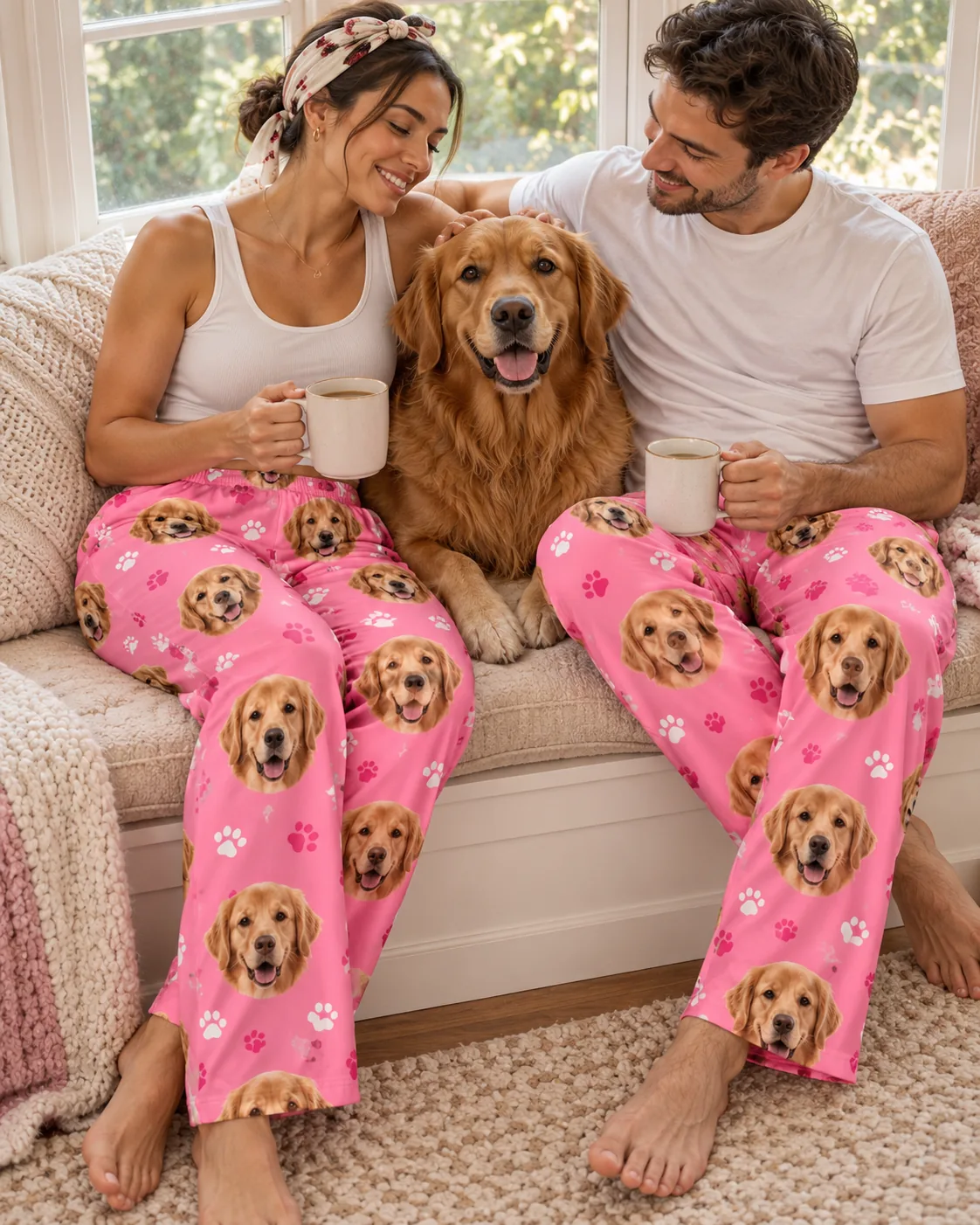 Couple with coffee on a window seat in pink paws golden retriever pajama pants, their golden between them
