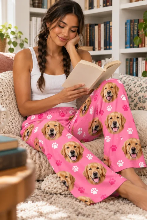 Woman reading against floor pillows by a bookshelf in pink paws golden retriever pajama pants