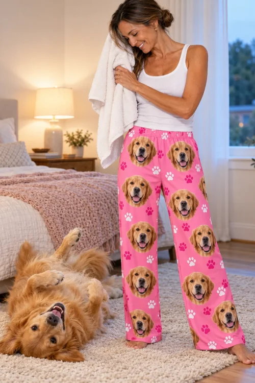 Woman drying her hair in pink paws golden retriever pajamas while her golden rolls belly-up on the rug