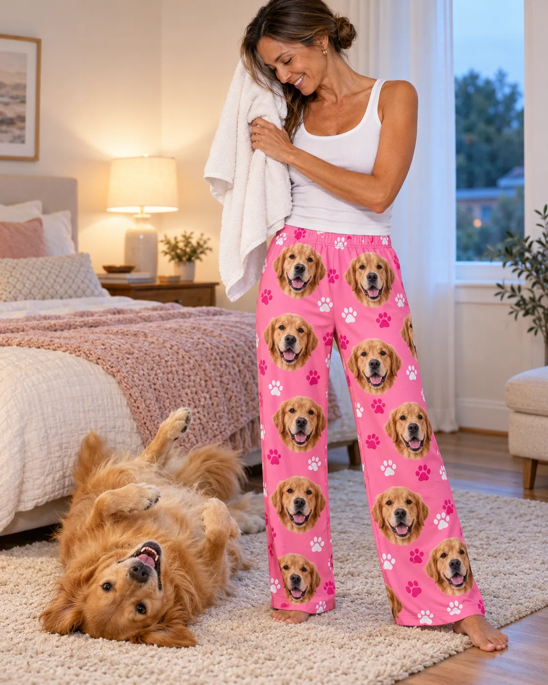 Custom Golden Retriever Pajama Pants for Women — pink paws with pet | GenzOutfit Woman drying her hair in pink paws golden retriever pajamas while her golden rolls belly-up on the rug