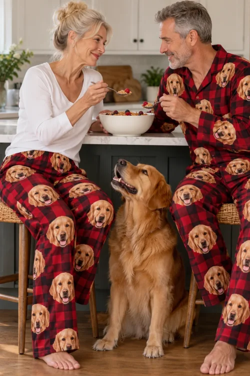 Couple sharing cereal at a kitchen island in red plaid golden retriever pajamas as their golden looks up