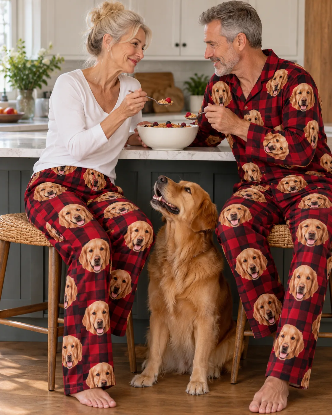 Custom Golden Retriever Pajama Pants for Women — red plaid family | GenzOutfit Couple sharing cereal at a kitchen island in red plaid golden retriever pajamas as their golden looks up