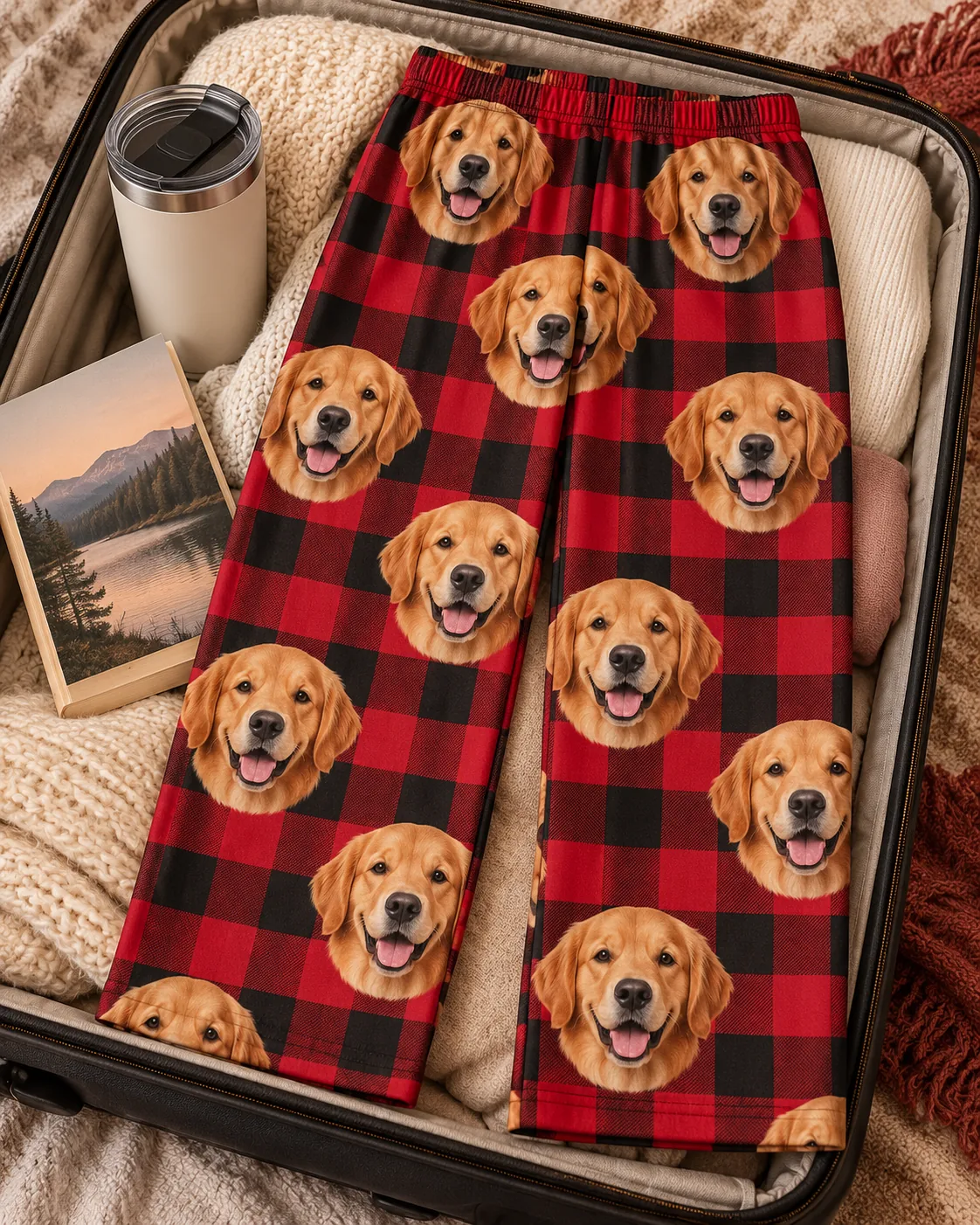 Red plaid golden retriever pajama pants laid in an open suitcase next to a tumbler and a book