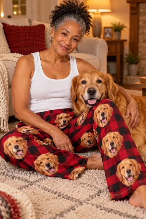 Woman by the fireplace hugging her golden retriever, wearing red plaid golden retriever pajama pants