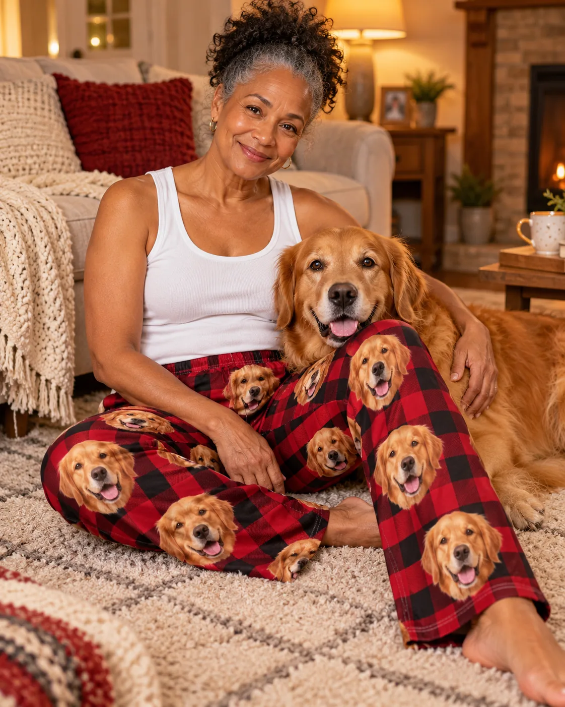 Custom Golden Retriever Pajama Pants for Women — red plaid with pet | GenzOutfit Woman by the fireplace hugging her golden retriever, wearing red plaid golden retriever pajama pants
