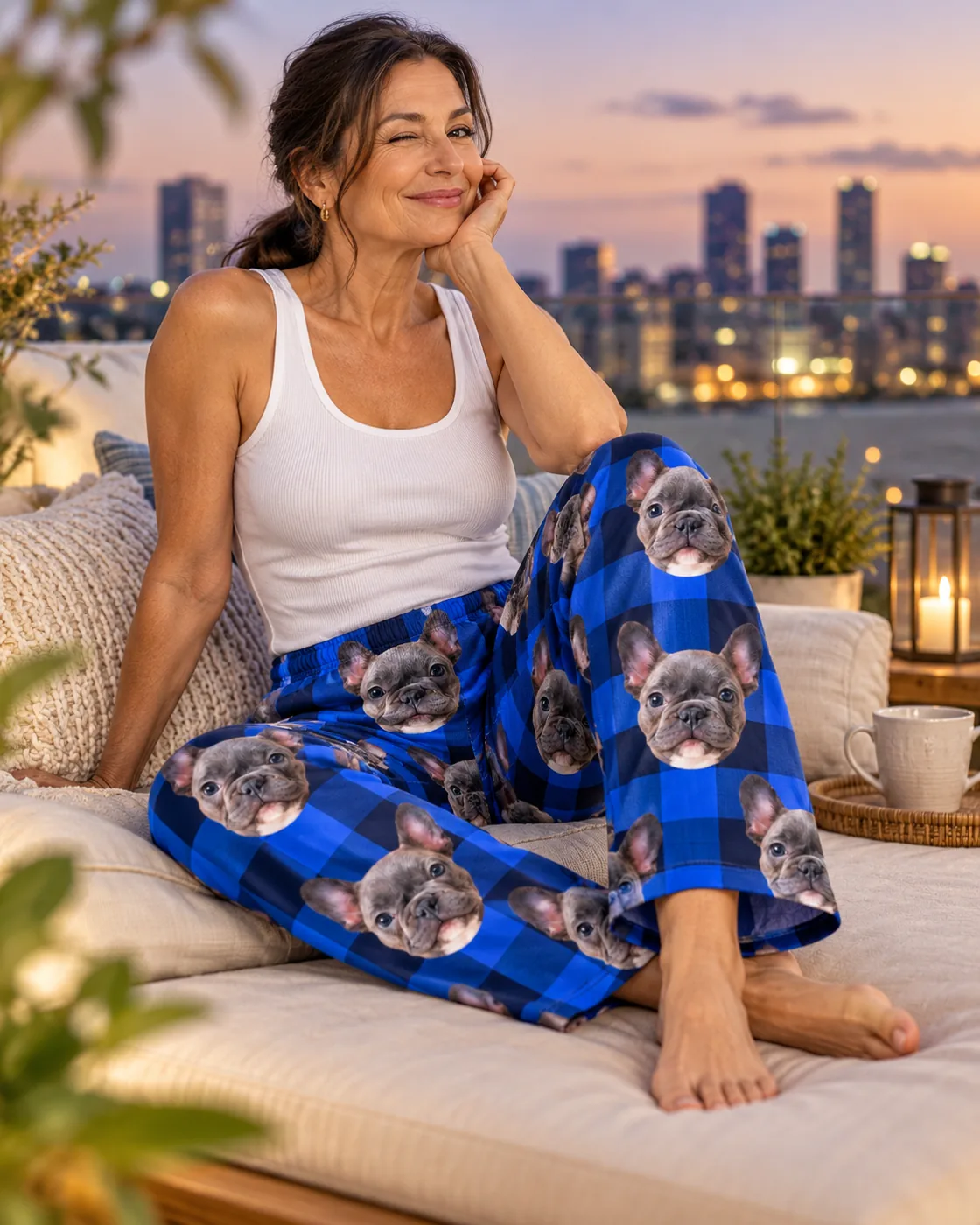 Woman relaxing on a balcony daybed at dusk in blue plaid pajamas with dog faces