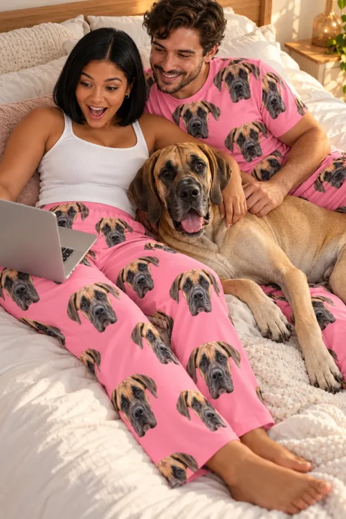Couple on a bed with a laptop and a great dane, in pink great dane pajama pants