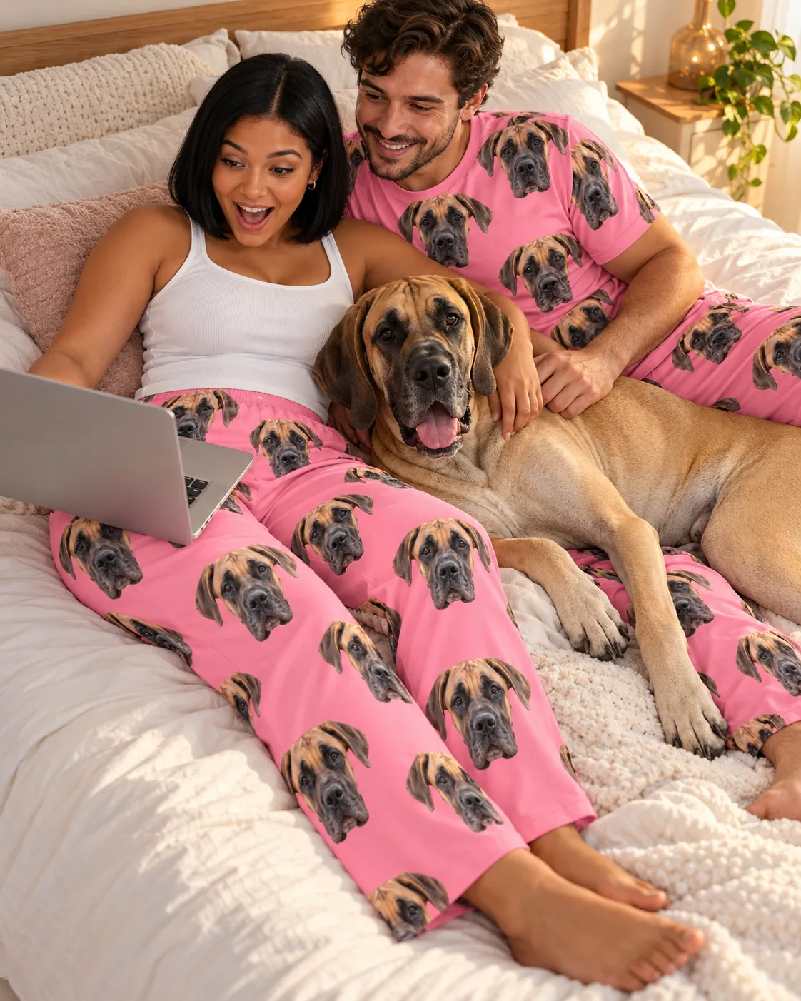 Couple on a bed with a laptop and a great dane, in pink great dane pajama pants