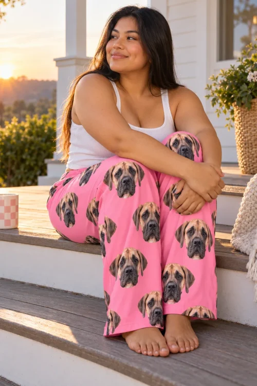 Woman on porch steps at sunrise hugging her knees in bright pink great dane pajama pants