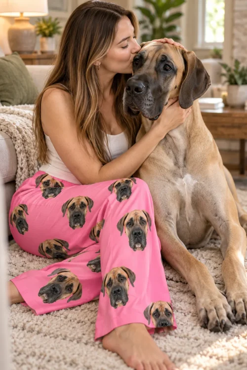 Woman kissing her fawn great dane on a shag rug in bright pink great dane pajama pants