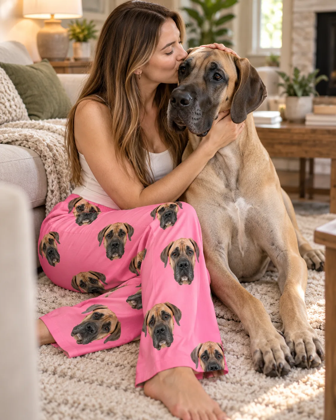 Custom Great Dane Pajama Pants for Women — pink with pet | GenzOutfit Woman kissing her fawn great dane on a shag rug in bright pink great dane pajama pants