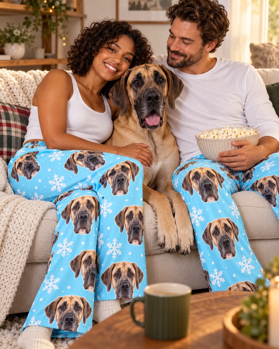 Custom Great Dane Pajama Pants for Women — snowflake family | GenzOutfit Couple on a sofa with popcorn and a great dane between them, in snowflake great dane pajama pants