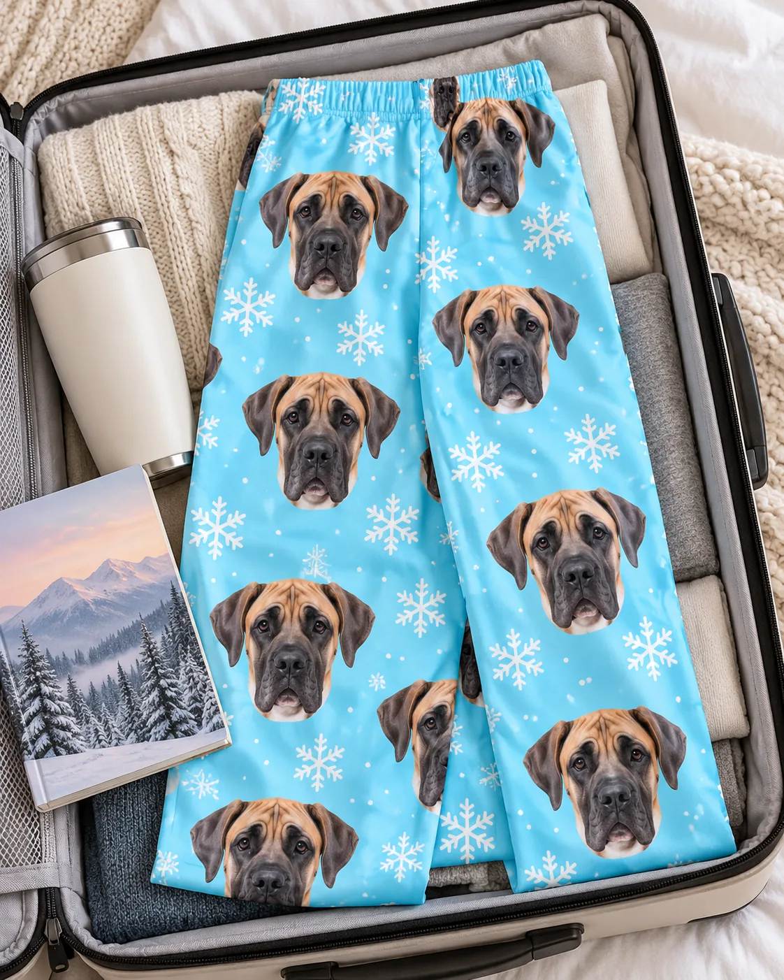 Snowflake great dane pajama pants laid flat in an open suitcase with a travel mug and a notebook