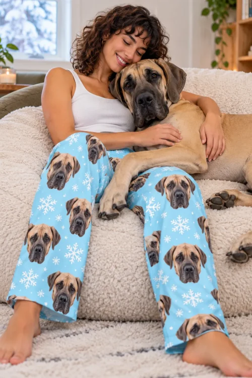 Woman hugging a huge great dane on a bean bag, wearing snowflake great dane pajama pants