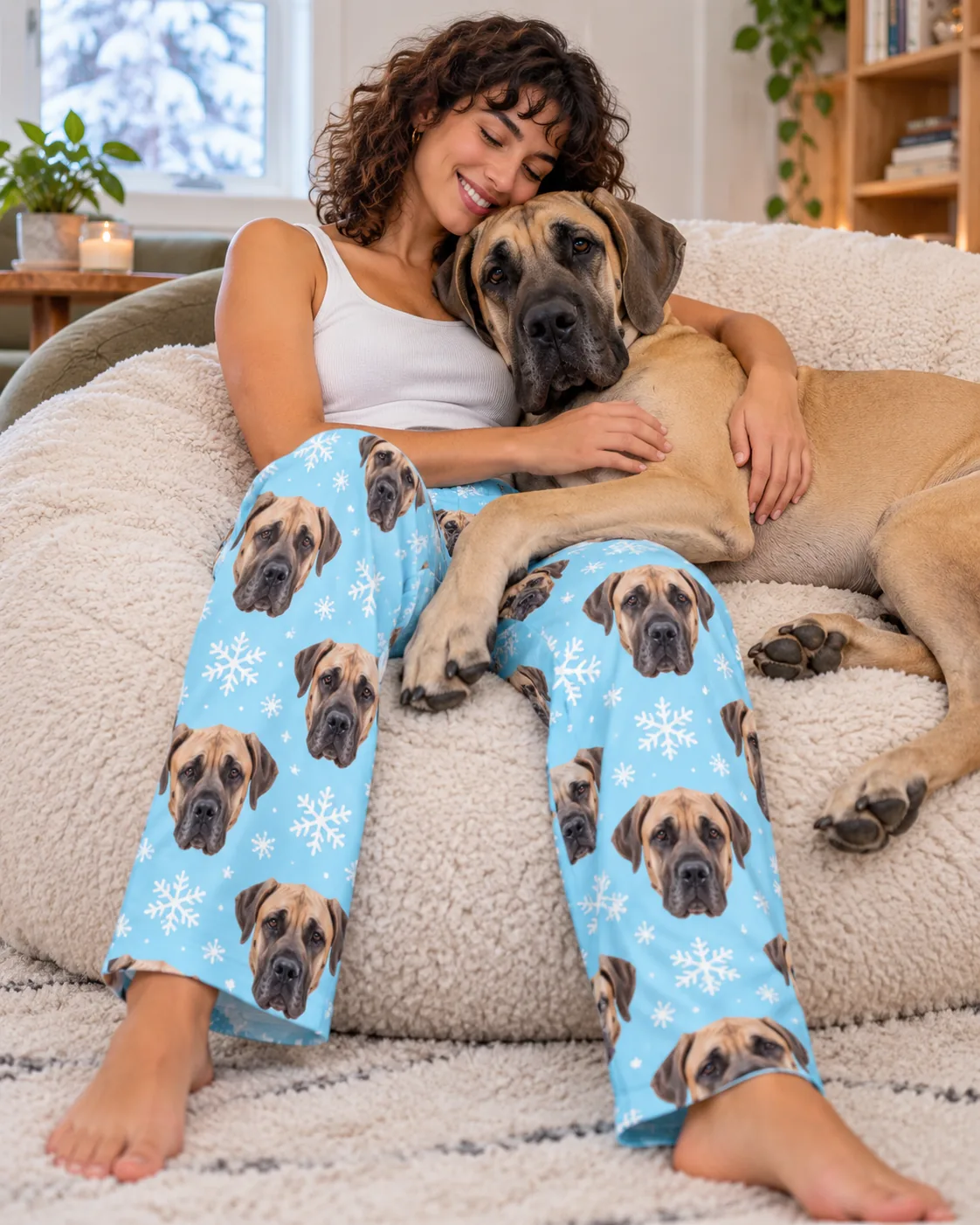 Custom Great Dane Pajama Pants for Women — snowflake with pet | GenzOutfit Woman hugging a huge great dane on a bean bag, wearing snowflake great dane pajama pants