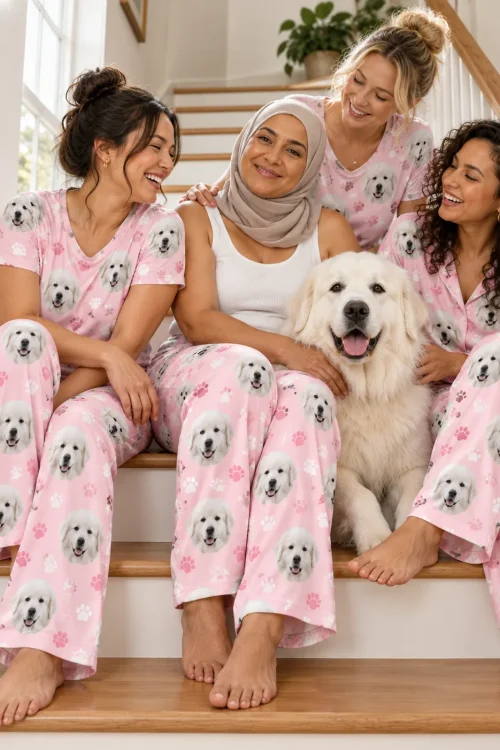 Four women on a staircase with a great pyrenees, all in blush pink paws pajamas