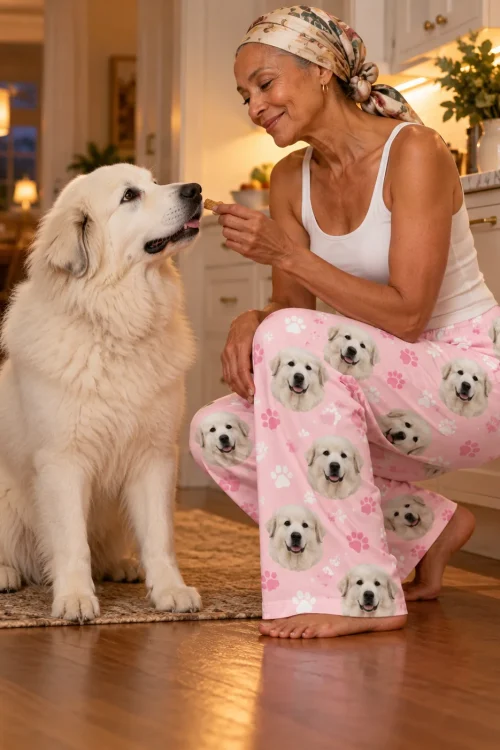 Woman in a headscarf offering a treat to her white great pyrenees in blush pink paws pajamas