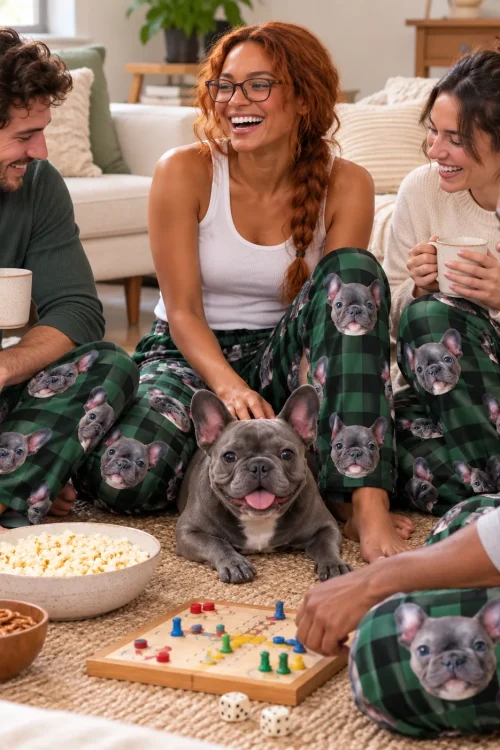Friends playing a board game on the rug in green plaid pajama pants, a French bulldog in the middle