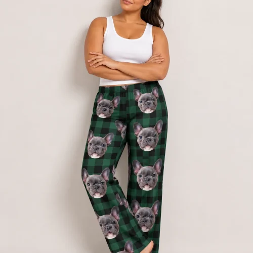 Women's Green Plaid Pajama Pants with Your Pet's Face