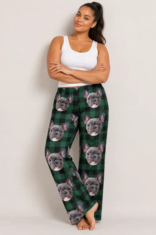Women's Green Plaid Pajama Pants with Your Pet's Face