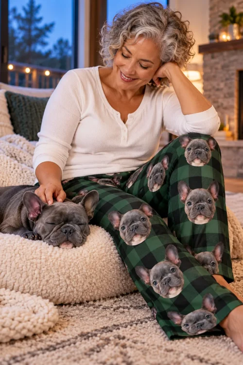 Woman petting a sleeping French bulldog by the fireplace in green plaid pajama pants with its face