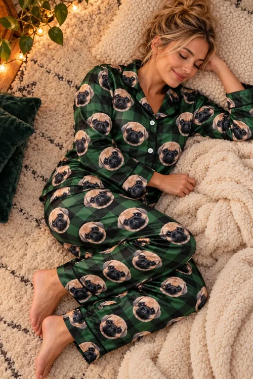 Woman napping on a rug in a green plaid satin pajama set printed with pug faces