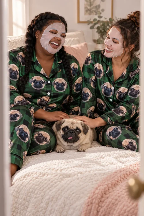 Two friends in sheet masks and green plaid pajama sets petting their pug on the bed